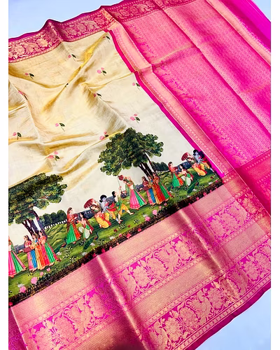Pattu Kalamkari Silk Saree with Brocade Blouse and Contrast Pallu-PCFkalamkari-Cream