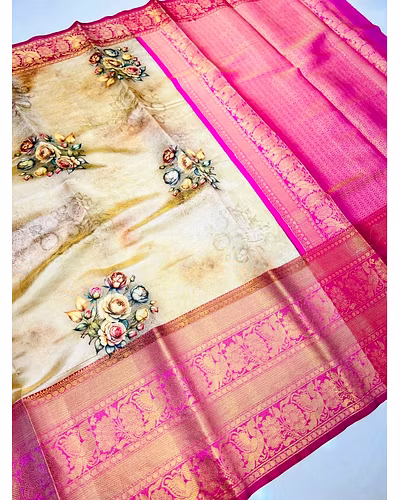 Pattu Kalamkari Silk Saree with Brocade Blouse and Contrast Pallu-Cream-1