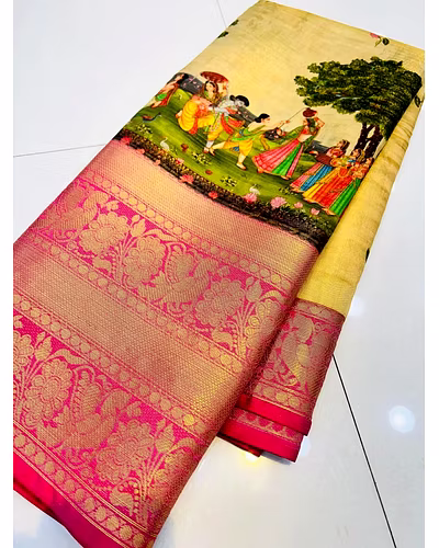 Pattu Kalamkari Silk Saree with Brocade Blouse and Contrast Pallu-PCFkalamkari-Yellow