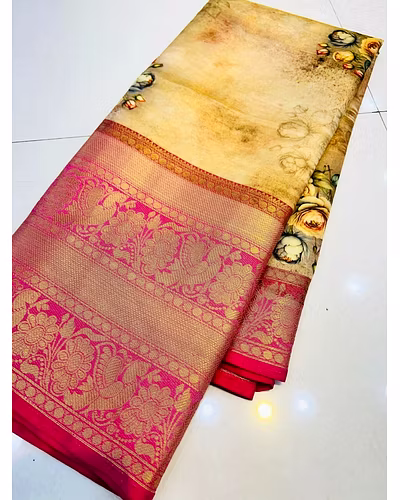 Pattu Kalamkari Silk Saree with Brocade Blouse and Contrast Pallu-Yellow-1