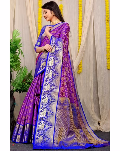Kanchipuram Pattu Silk Saree with Zari Weaving Designer Brocade Blouse-PCFkanan1-Purple