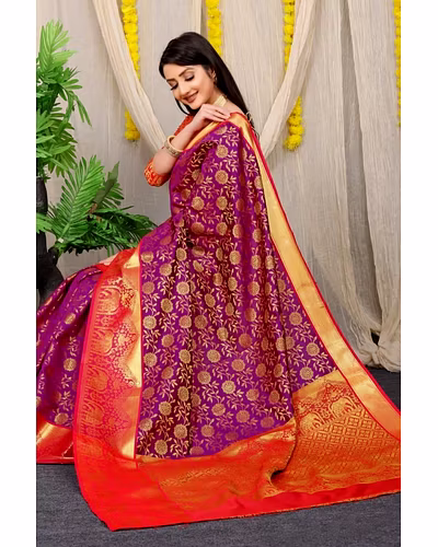 Kanchipuram Pattu Silk Saree with Zari Weaving Designer Brocade Blouse-PCFkanan1-Wine