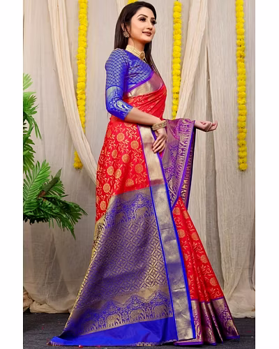 Kanchipuram Pattu Silk Saree with Zari Weaving Designer Brocade Blouse-PCFkanan1-Red