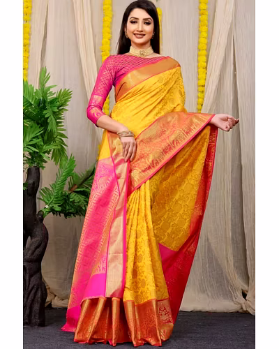 Kanchipuram Pattu Silk Saree with Zari Weaving Designer Brocade Blouse-PCFkanan1-Yellow