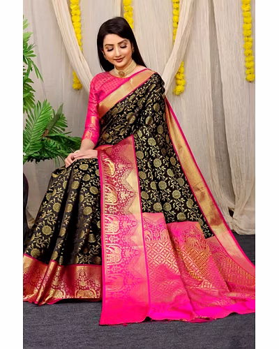 Kanchipuram Pattu Silk Saree with Zari Weaving Designer Brocade Blouse-PCFkanan1-Black