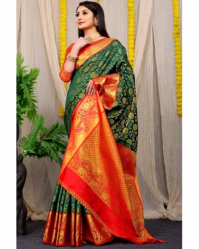 Kanchipuram Pattu Silk Saree with Zari Weaving Designer Brocade Blouse-PCFkanan1-Green
