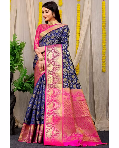 Kanchipuram Pattu Silk Saree with Zari Weaving Designer Brocade Blouse-PCFkanan1-Blue