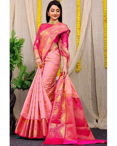 Kanchipuram Pattu Silk Saree with Zari Weaving Designer Brocade Blouse-PCFkanan1-Pink