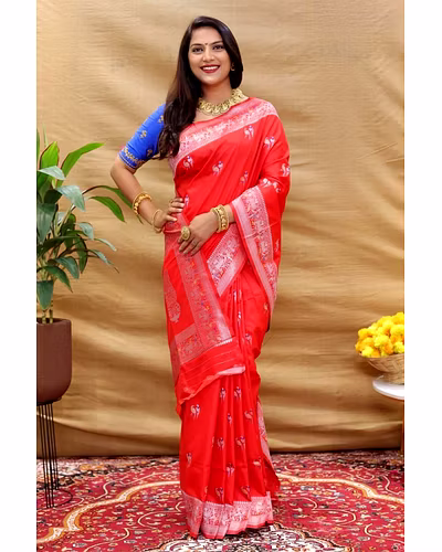 Elegant Pure Silk Handloom Saree with Jari Border and Pallu-PCFperrot-Red