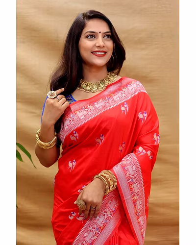 Elegant Pure Silk Handloom Saree with Jari Border and Pallu-Red-1