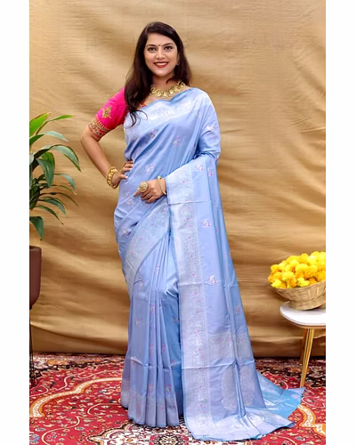 Elegant Pure Silk Handloom Saree with Jari Border and Pallu-PCFperrot-Purple