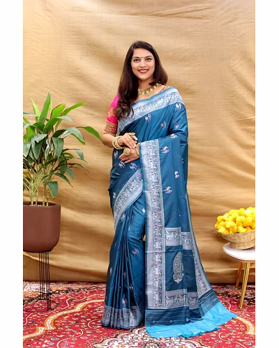 Elegant Pure Silk Handloom Saree with Jari Border and Pallu-PCFperrot-PecockBlue