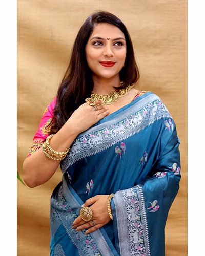 Elegant Pure Silk Handloom Saree with Jari Border and Pallu-Pecock Blue-1