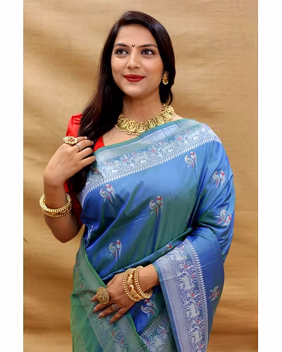 Elegant Pure Silk Handloom Saree with Jari Border and Pallu-Pecock Blue-2