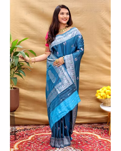 Elegant Pure Silk Handloom Saree with Jari Border and Pallu-Pecock Blue-3