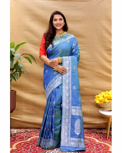 Elegant Pure Silk Handloom Saree with Jari Border and Pallu-Pecock Blue-4