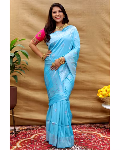 Elegant Pure Silk Handloom Saree with Jari Border and Pallu-PCFperrot-SkyBlue