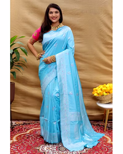 Elegant Pure Silk Handloom Saree with Jari Border and Pallu-Sky Blue-1