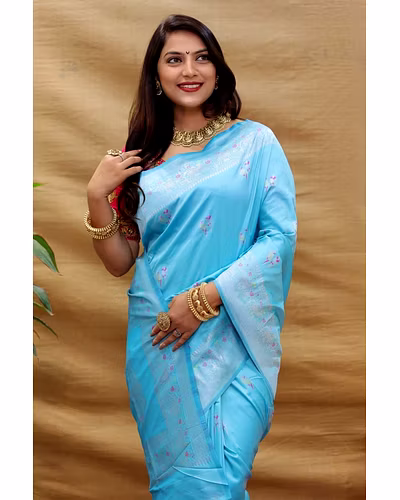 Elegant Pure Silk Handloom Saree with Jari Border and Pallu-Sky Blue-2