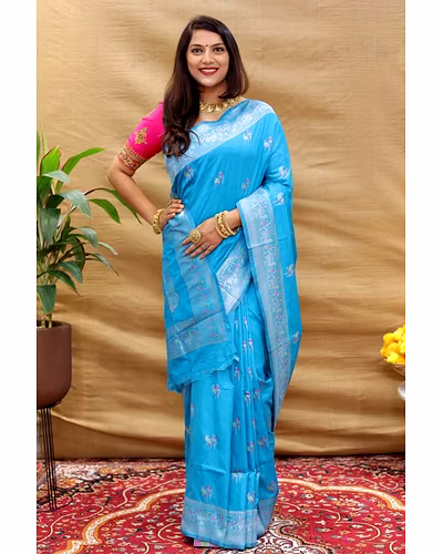 Elegant Pure Silk Handloom Saree with Jari Border and Pallu-PCFperrot-Firozi