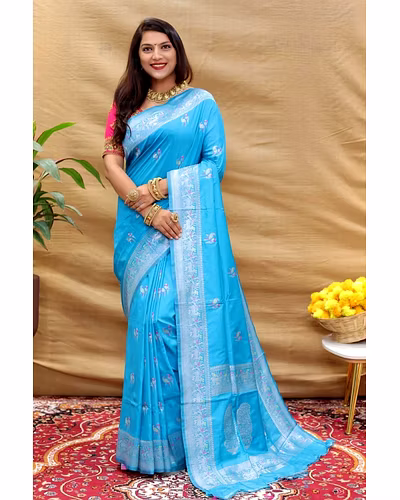 Elegant Pure Silk Handloom Saree with Jari Border and Pallu-Firozi-1