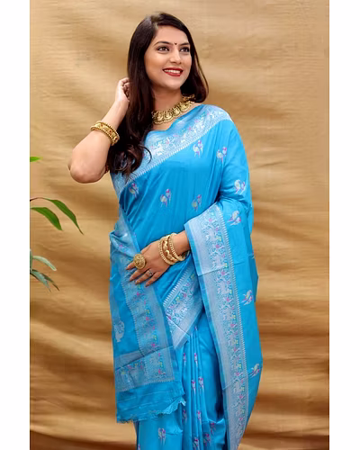 Elegant Pure Silk Handloom Saree with Jari Border and Pallu-Firozi-2