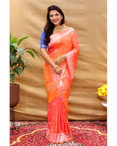 Elegant Pure Silk Handloom Saree with Jari Border and Pallu-PCFperrot-Orange