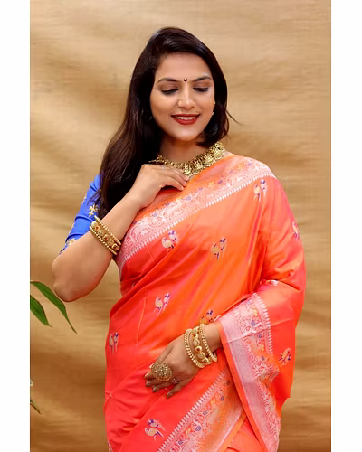 Elegant Pure Silk Handloom Saree with Jari Border and Pallu-Orange-1