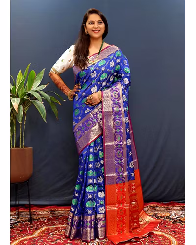Kanchipuram Handloom Pure Silk Saree with Gold Jari and Pink Border-PCFPure2-Blue