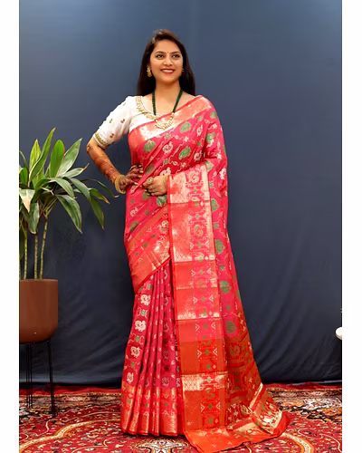 Kanchipuram Handloom Pure Silk Saree with Gold Jari and Pink Border-PCFPure2-Peach