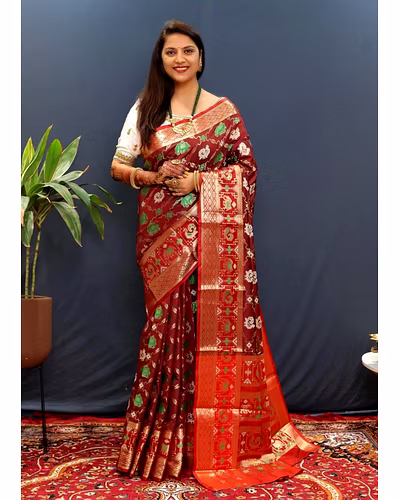 Kanchipuram Handloom Pure Silk Saree with Gold Jari and Pink Border-PCFPure2-Brown