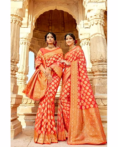 Kanchipuram Pure Silk Handloom Saree with Silver and Gold Jari-PCFTathastu-Orange