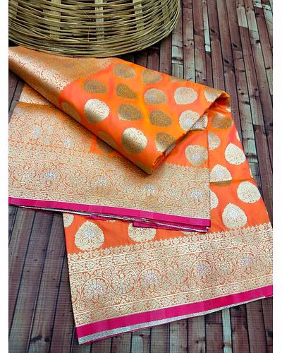 Kanchipuram Pure Silk Handloom Saree with Silver and Gold Jari-Orange-1