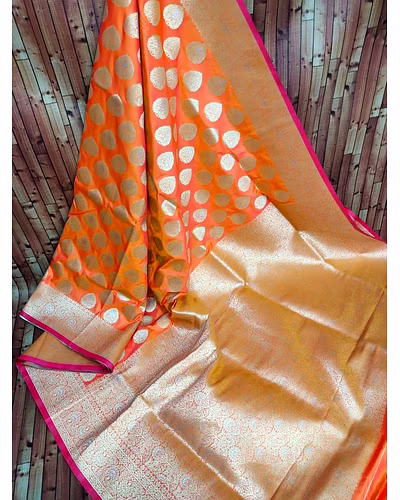 Kanchipuram Pure Silk Handloom Saree with Silver and Gold Jari-Orange-3