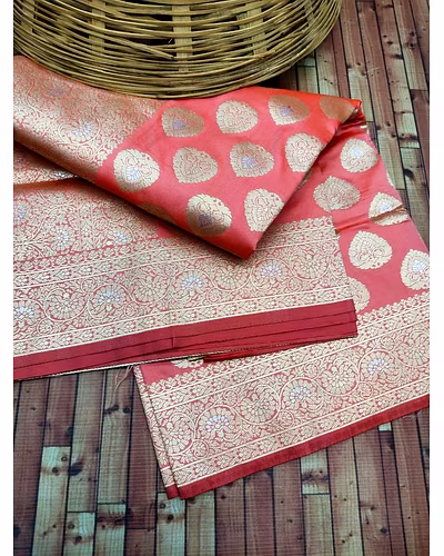 Kanchipuram Pure Silk Handloom Saree with Silver and Gold Jari-Pink-1