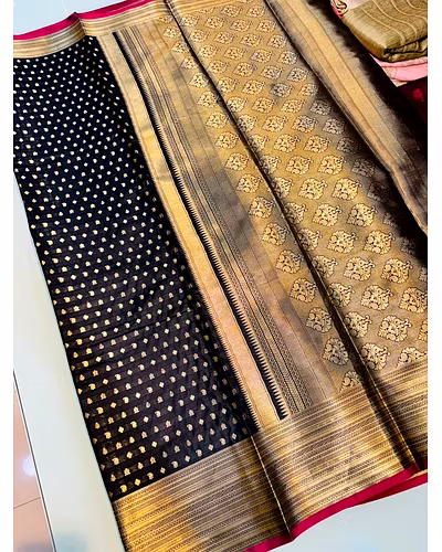 Kanchipuram Handloom Pure Silk Saree with Gold Jari and Pink Border-PCFPure1-Black