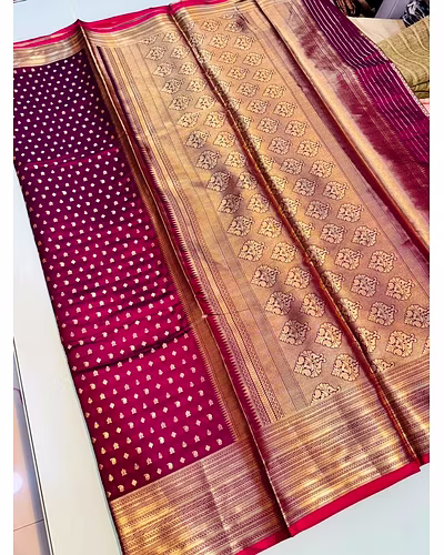 Kanchipuram Handloom Pure Silk Saree with Gold Jari and Pink Border-PCFPure1-Wine