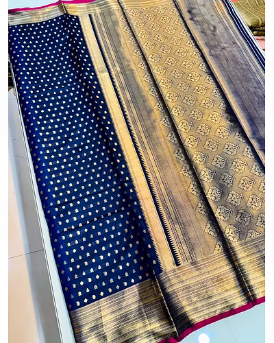 Kanchipuram Handloom Pure Silk Saree with Gold Jari and Pink Border-PCFPure1-NavyBlue