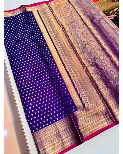 Kanchipuram Handloom Pure Silk Saree with Gold Jari and Pink Border-PCFPure1-Purple