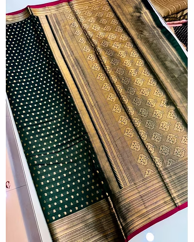 Kanchipuram Handloom Pure Silk Saree with Gold Jari and Pink Border-PCFPure1-Green