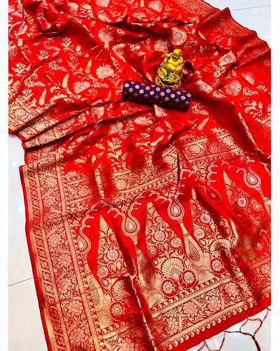 Elegant Pure Silk Handloom Saree with Contrast Weaving and Designer Jari Work-PCFpratham3-Red