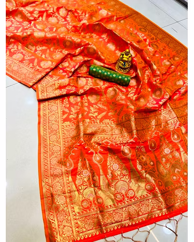 Elegant Pure Silk Handloom Saree with Contrast Weaving and Designer Jari Work-PCFpratham3-Orange