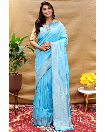 Kanchipuram Pure Silk Handloom Saree with Gold and Silver Jari Blouse Included-PCFsilverKeri-SkyBlue