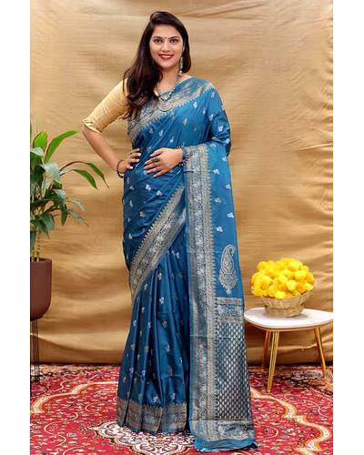 Kanchipuram Pure Silk Handloom Saree with Gold and Silver Jari Blouse Included-PCFsilverKeri-PecockBlue