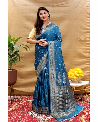 Kanchipuram Pure Silk Handloom Saree with Gold and Silver Jari Blouse Included-Pecock Blue-2