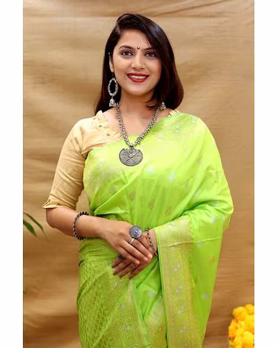 Kanchipuram Pure Silk Handloom Saree with Gold and Silver Jari Blouse Included-Pista-1