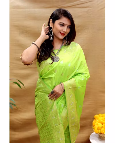 Kanchipuram Pure Silk Handloom Saree with Gold and Silver Jari Blouse Included-Pista-2