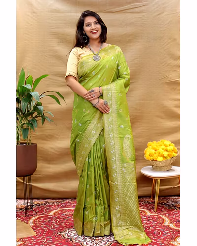 Kanchipuram Pure Silk Handloom Saree with Gold and Silver Jari Blouse Included-PCFsilverKeri-Green