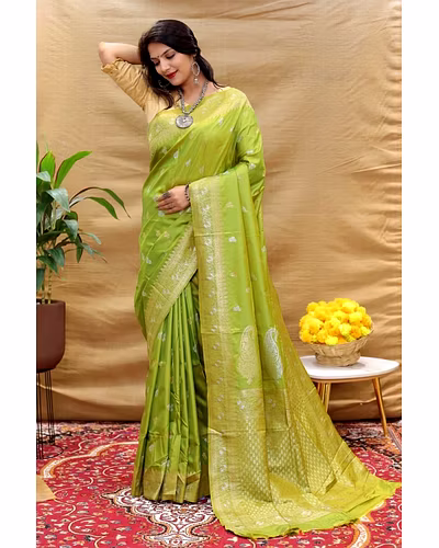 Kanchipuram Pure Silk Handloom Saree with Gold and Silver Jari Blouse Included-Green-1