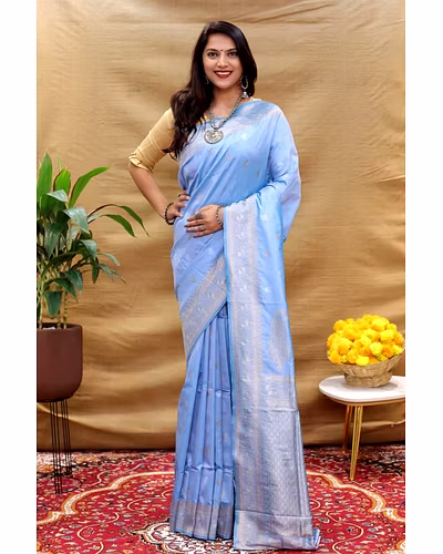 Kanchipuram Pure Silk Handloom Saree with Gold and Silver Jari Blouse Included-Purple-1